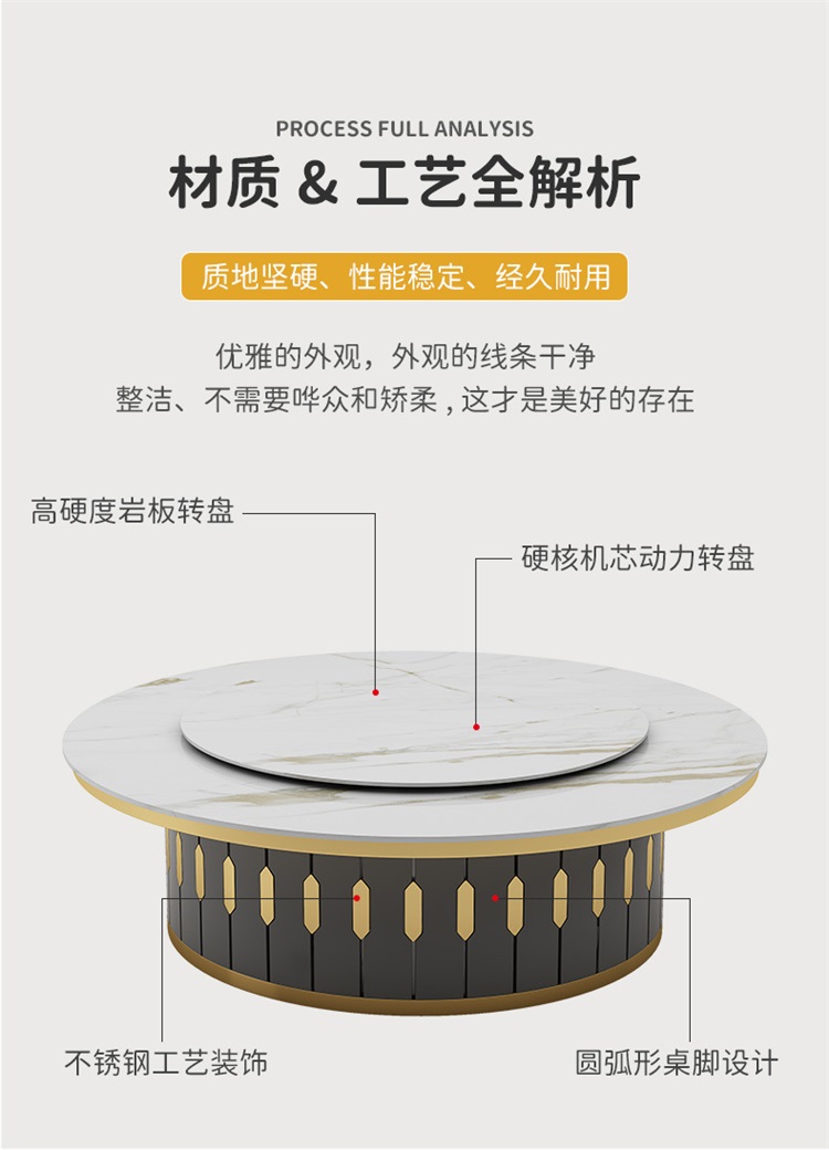 酒店會所現代輕奢大（dà）理石（shí）電動餐桌大圓桌材質說明