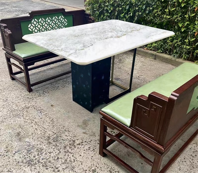 綠茶餐廳簡約新中式(shì)現(xiàn)代大理石(shí)鐵藝長方形餐桌